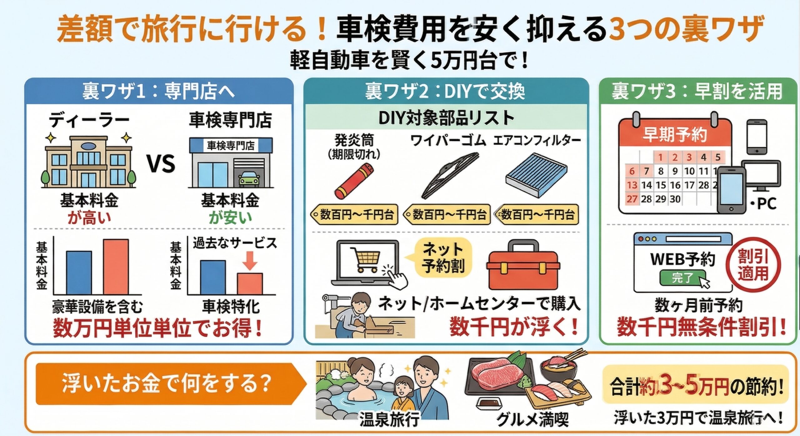差額で旅行に行ける！車検費用を安く抑える3つの裏ワザ