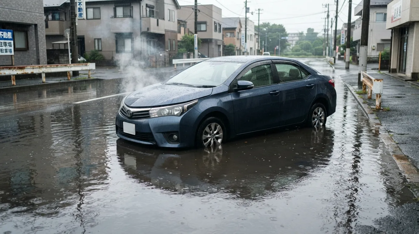 冠水した道路上で故障しエンジンルームから煙を上げている乗用車