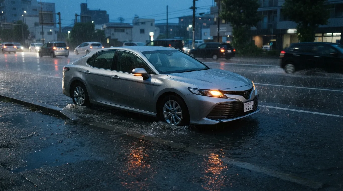 大雨の中で冠水した道路の端に停車しているハザードランプ点灯中の乗用車