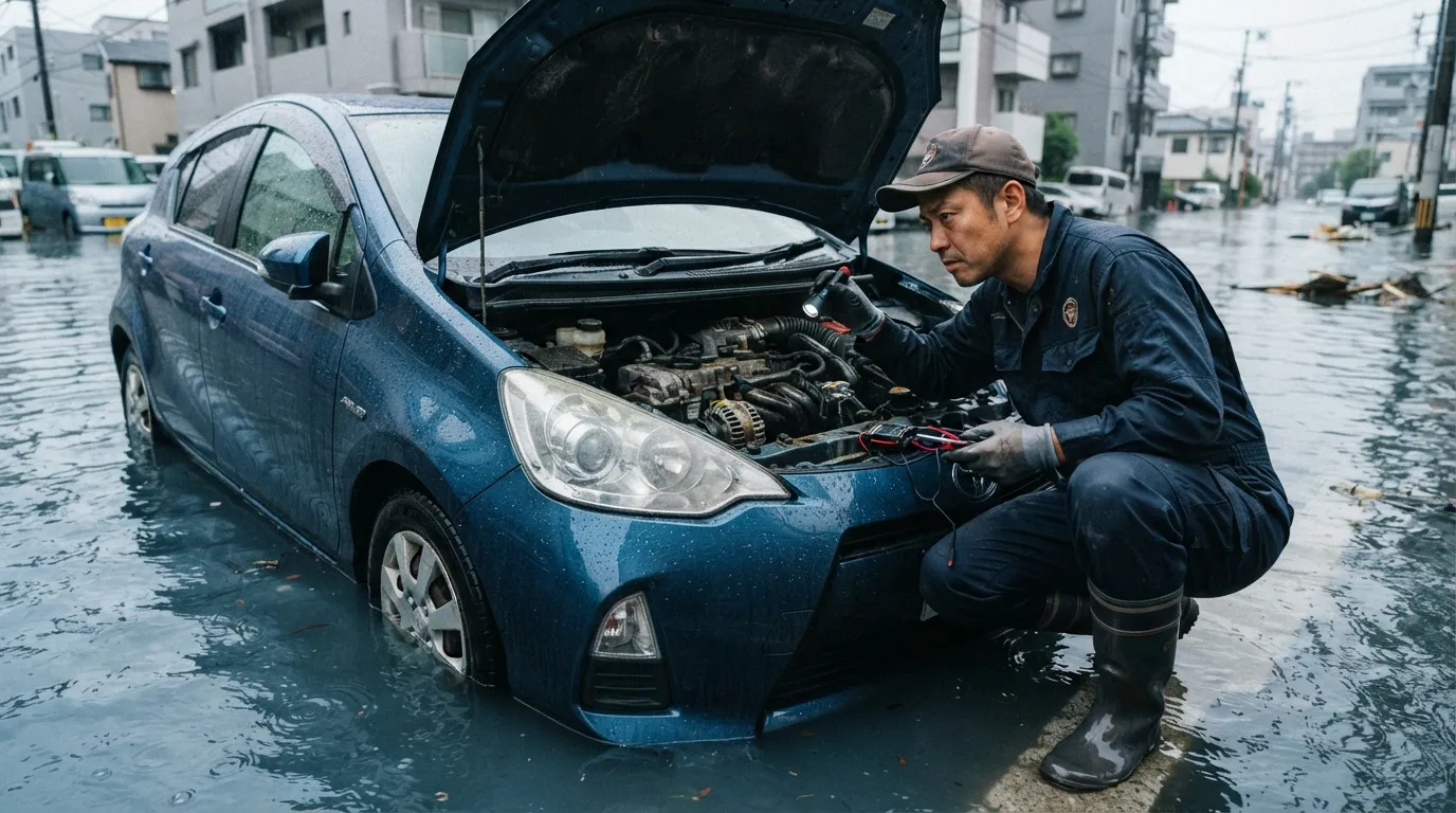 冠水した道路でエンジンルームの浸水被害を確認する整備士